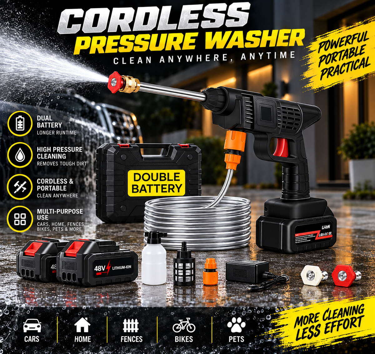 GACTRON Car Washer High Pressure Gun Cordless Portable Wireless Pressure Washer Gun 48V 12000mah High Pressure Water Gun for Car Wash Bike Washing Cleaning| Adjustable Nozzle and 5M Hose Pipe