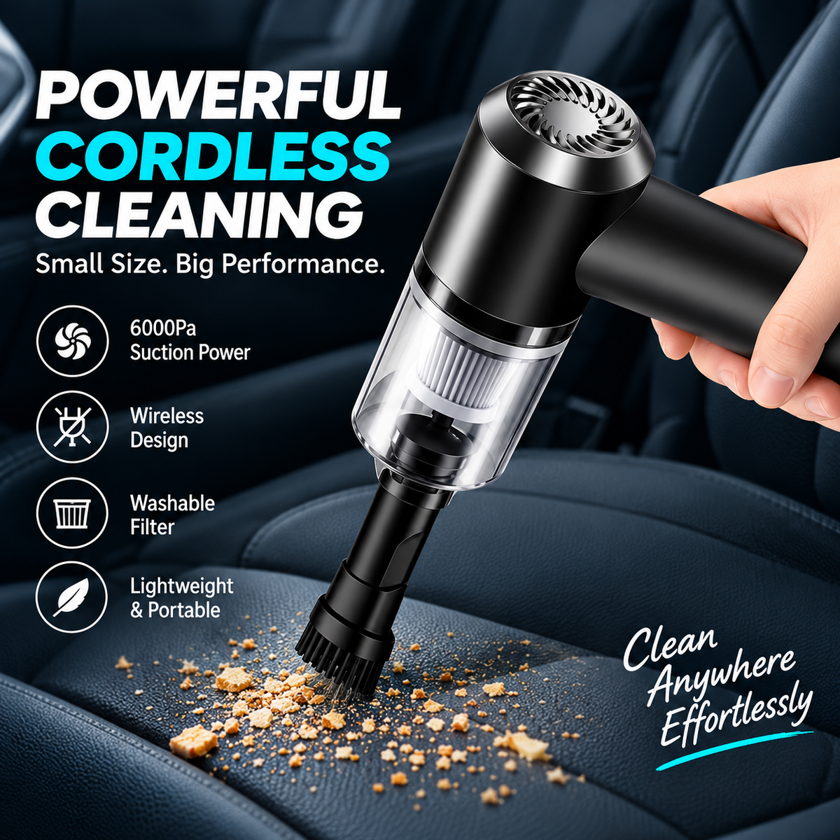GACTRON 3-in-1 Portable Car Vacuum Cleaner with Blower, USB Rechargeable, Black, Wireless Handheld Mini Design, Strong Suction, Washable HEPA Filter for Car, Home, Travel