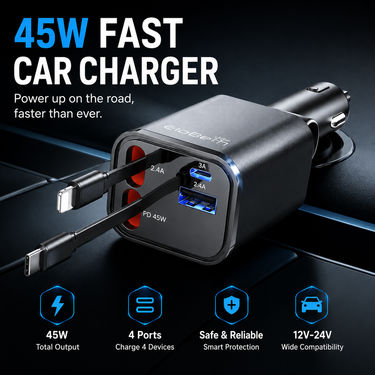 GACTRON Retractable Car Charger, 69W Super Fast Car Charger with Cables, Type C & USB-A Ports, USB-C & L Retractable Cables (80cm),Compatible with iPhones,iPad, & Type C Android Phones