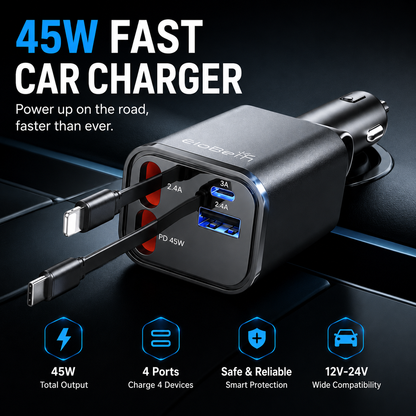 GACTRON Retractable Car Charger, 69W Super Fast Car Charger with Cables, Type C & USB-A Ports, USB-C & L Retractable Cables (80cm),Compatible with iPhones,iPad, & Type C Android Phones