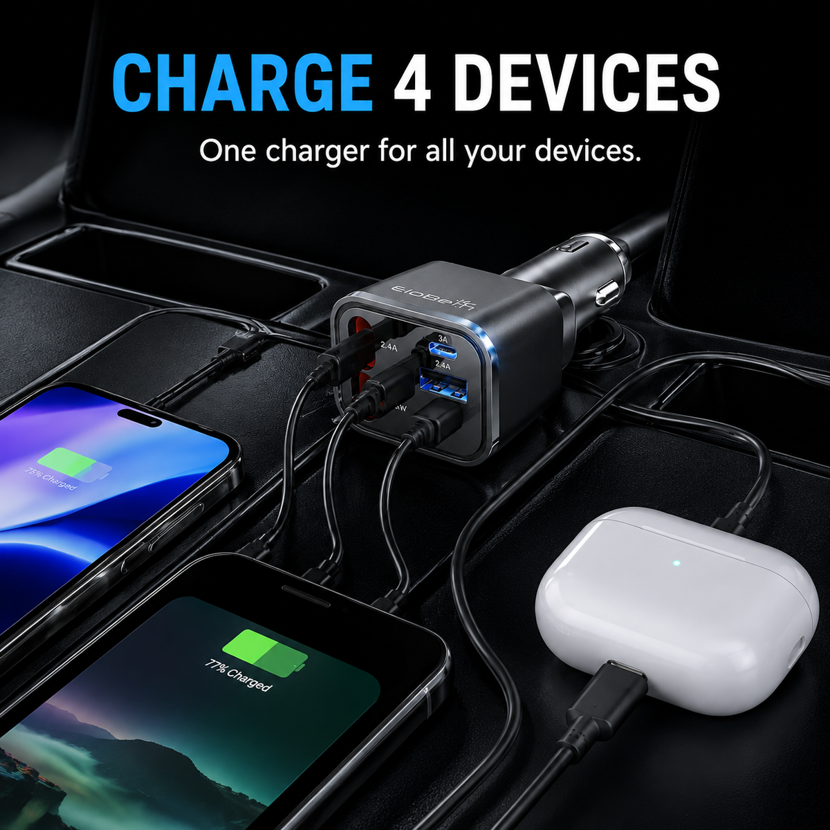 GACTRON Retractable Car Charger, 69W Super Fast Car Charger with Cables, Type C & USB-A Ports, USB-C & L Retractable Cables (80cm),Compatible with iPhones,iPad, & Type C Android Phones