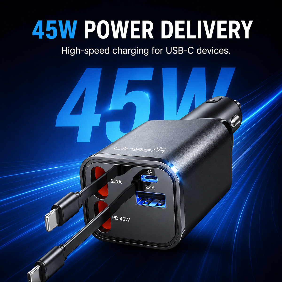 GACTRON Retractable Car Charger, 69W Super Fast Car Charger with Cables, Type C & USB-A Ports, USB-C & L Retractable Cables (80cm),Compatible with iPhones,iPad, & Type C Android Phones