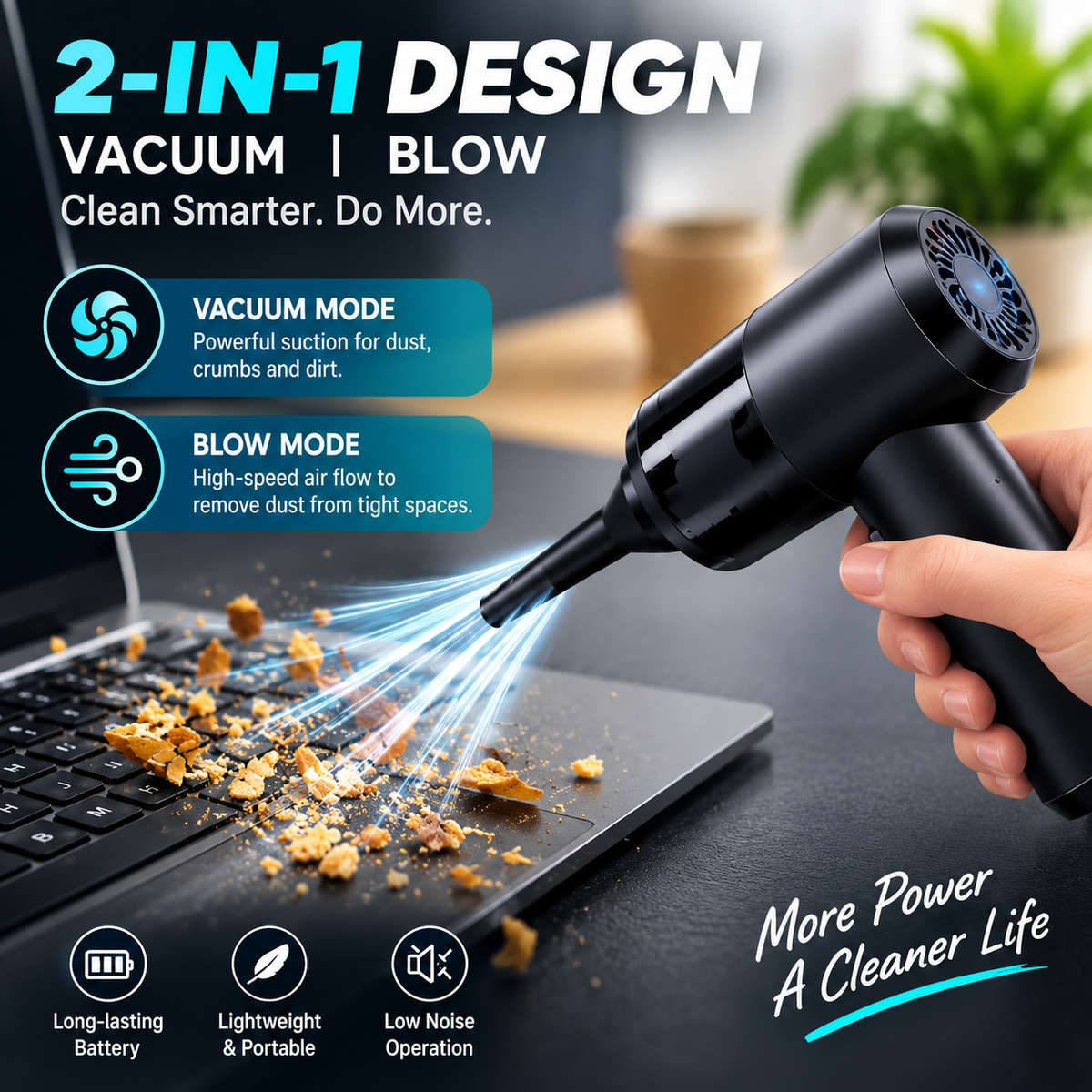 GACTRON 3-in-1 Portable Car Vacuum Cleaner with Blower, USB Rechargeable, Black, Wireless Handheld Mini Design, Strong Suction, Washable HEPA Filter for Car, Home, Travel