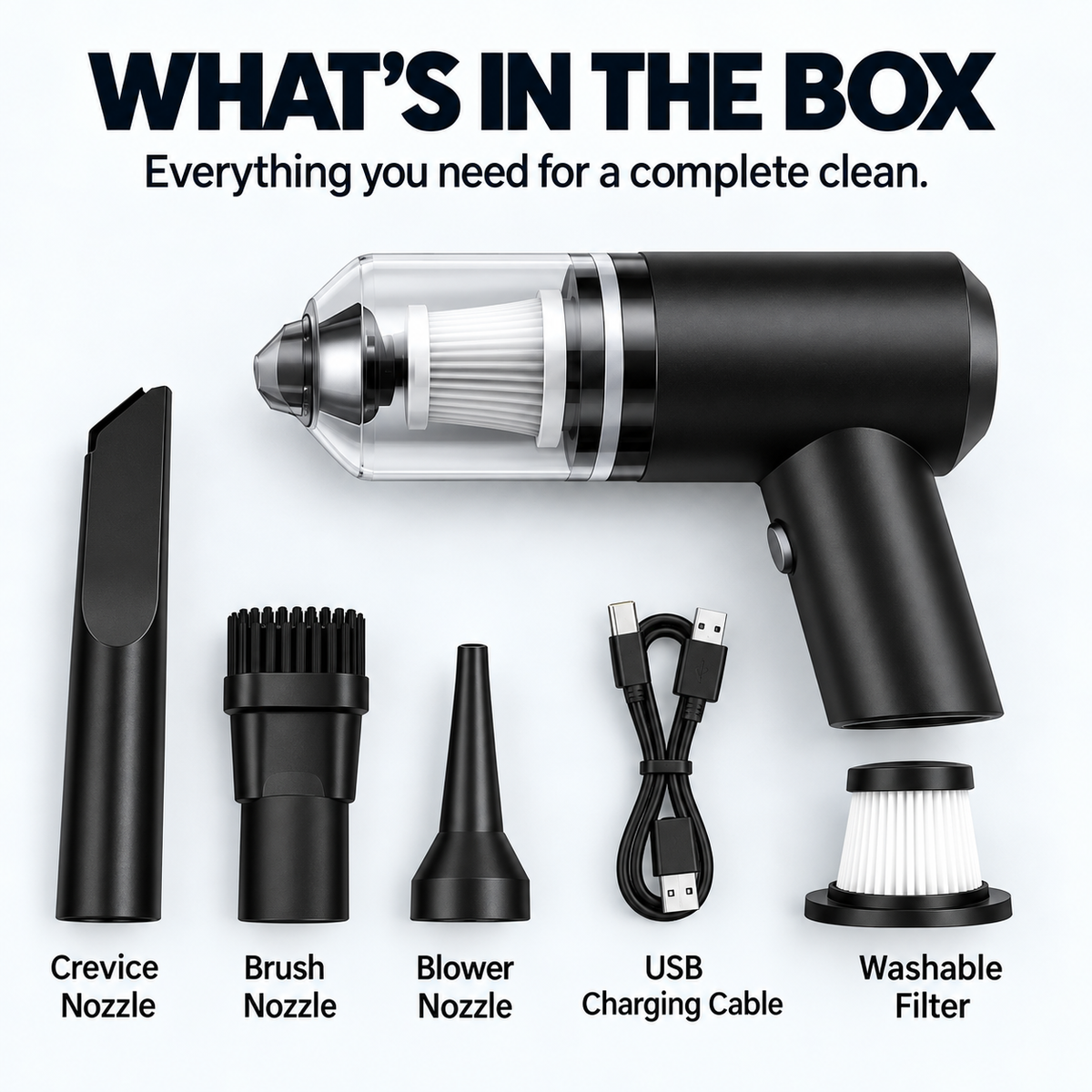GACTRON 3-in-1 Portable Car Vacuum Cleaner with Blower, USB Rechargeable, Black, Wireless Handheld Mini Design, Strong Suction, Washable HEPA Filter for Car, Home, Travel