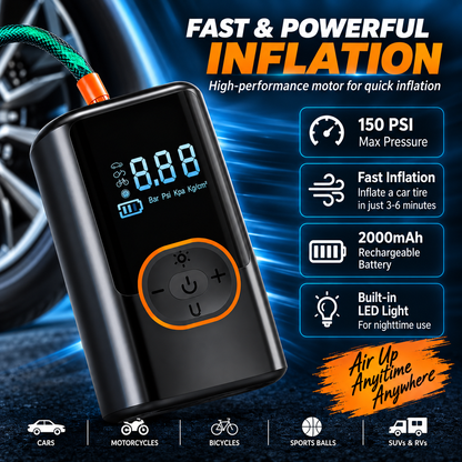 GACTRON Tyre Inflator with 150 PSI Pressure, 4000 mAh Battery, Digital Display, Pressure Detection, Air Pump Compressor for Cars, Bikes, Bicycles & Balls(Black)