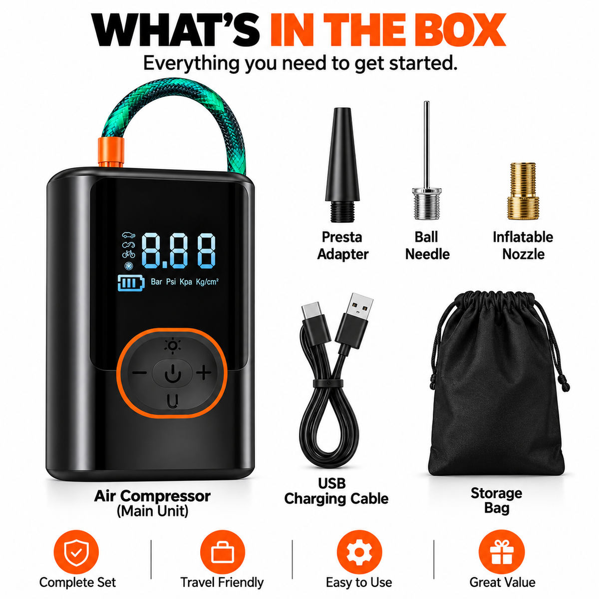 GACTRON Tyre Inflator with 150 PSI Pressure, 4000 mAh Battery, Digital Display, Pressure Detection, Air Pump Compressor for Cars, Bikes, Bicycles & Balls(Black)