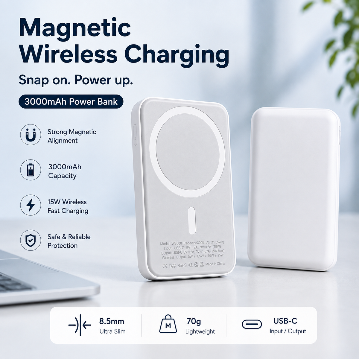 GACTRON Mag One Wireless 3000mAh Fast Charging Power Bank with Metal Stand | USB Type C Input & Output, 22.5W Portable Charger for iPhone 12 & Above, Android & Qi Enabled Devices