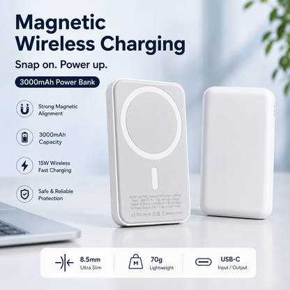 GACTRON Mag One Wireless 3000mAh Fast Charging Power Bank with Metal Stand | USB Type C Input & Output, 22.5W Portable Charger for iPhone 12 & Above, Android & Qi Enabled Devices