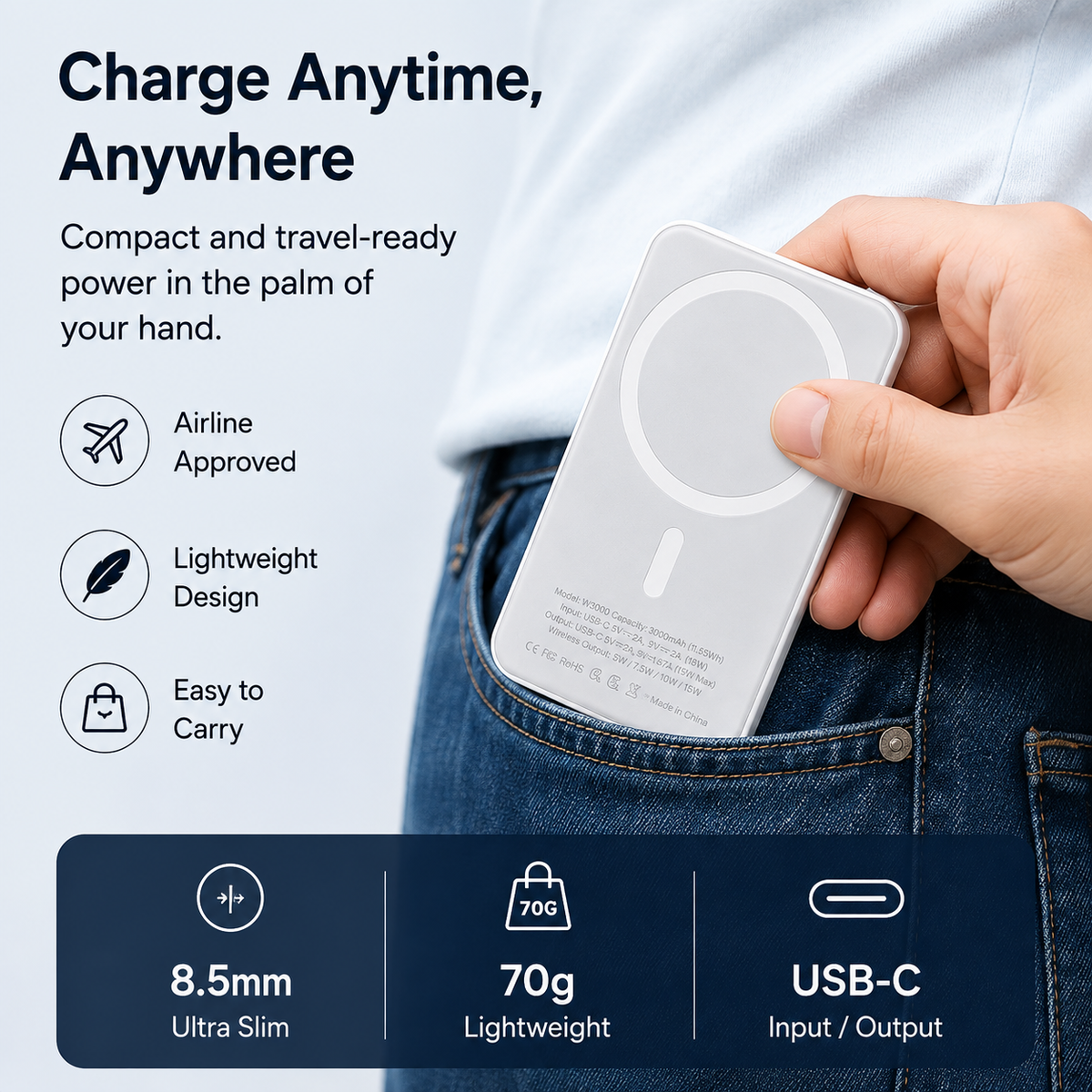 GACTRON Mag One Wireless 3000mAh Fast Charging Power Bank with Metal Stand | USB Type C Input & Output, 22.5W Portable Charger for iPhone 12 & Above, Android & Qi Enabled Devices