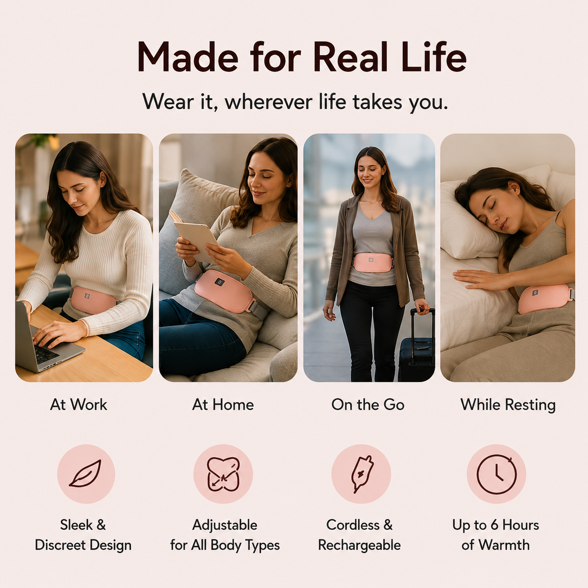 GACTRON Period Cramp Massager Belt – Cordless Rechargeable Heating Pad with 3 Heat Levels & 4 Massage Modes | Portable Period Pain Relief Massager for Cramps, Back & Belly | Adjustable Belt for Women & Girls