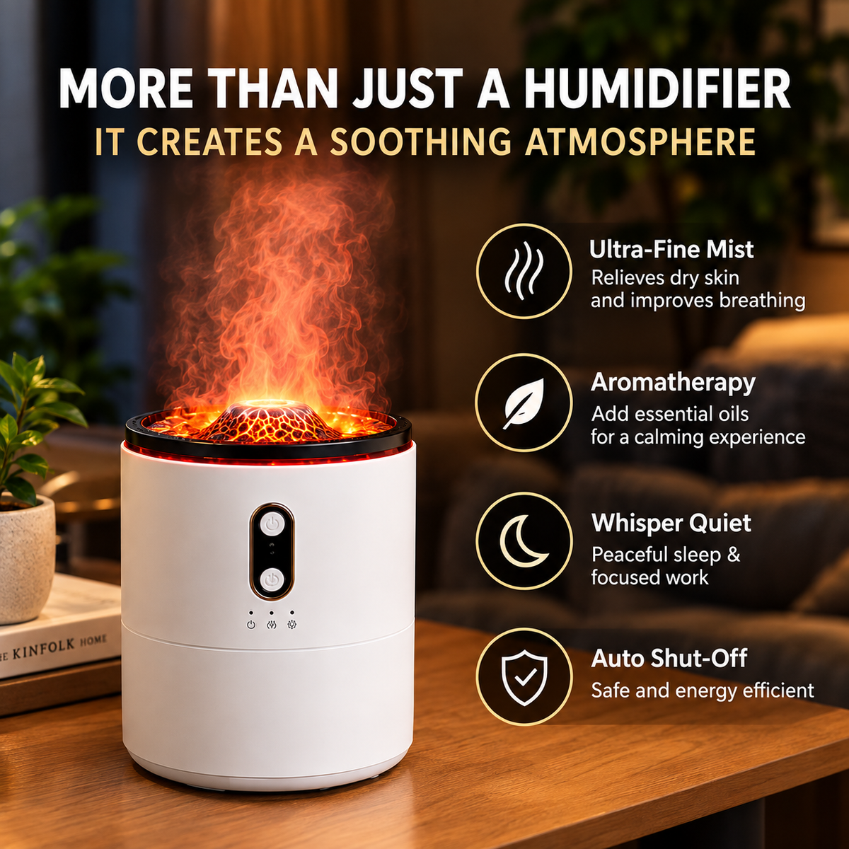GACTRON Volcano Humidifier with LED Flame Effect | Cool Mist Aroma Diffuser for Home, Office & Bedroom | Silent Operation, Auto Shut-Off & Night Light Function