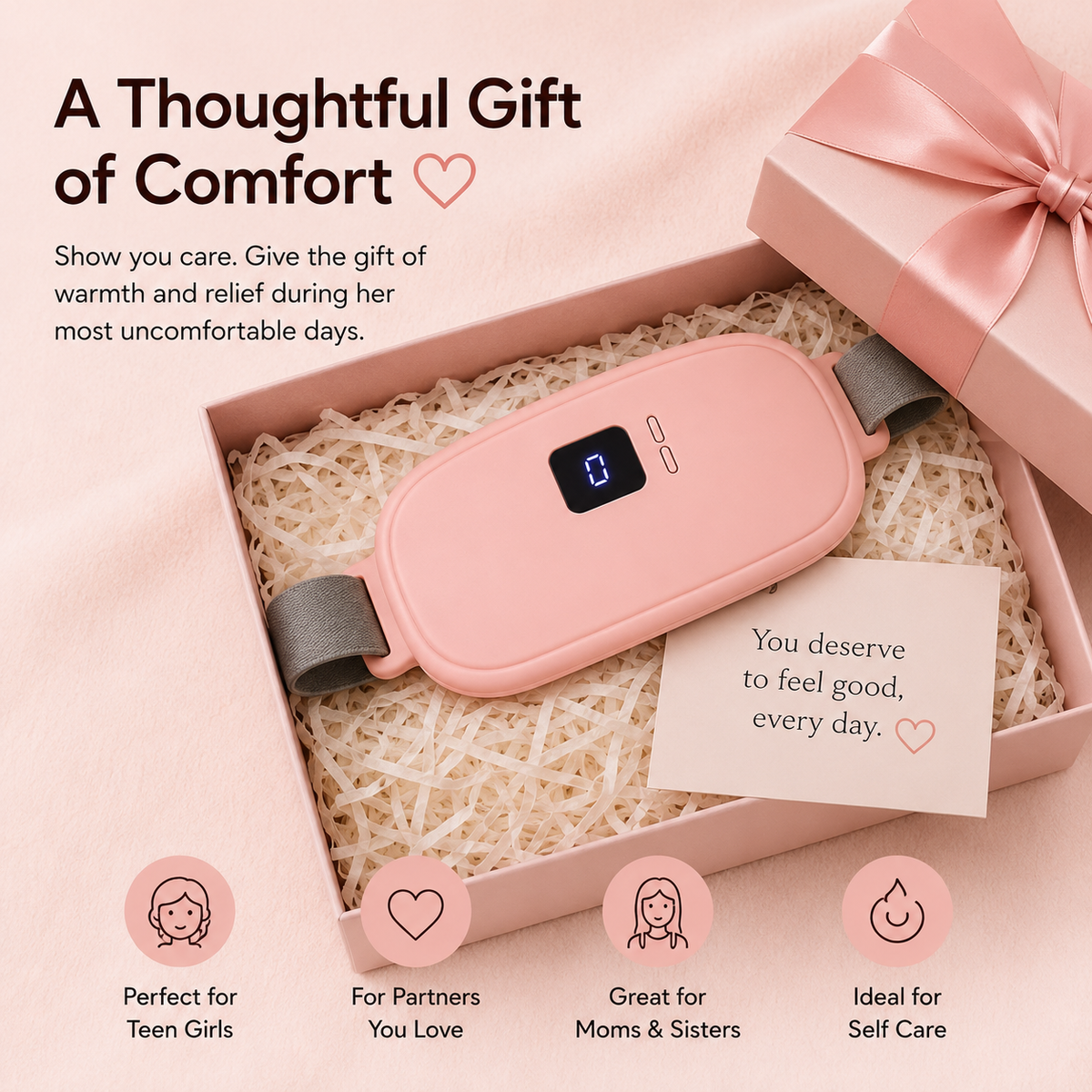 GACTRON Period Cramp Massager Belt – Cordless Rechargeable Heating Pad with 3 Heat Levels & 4 Massage Modes | Portable Period Pain Relief Massager for Cramps, Back & Belly | Adjustable Belt for Women & Girls