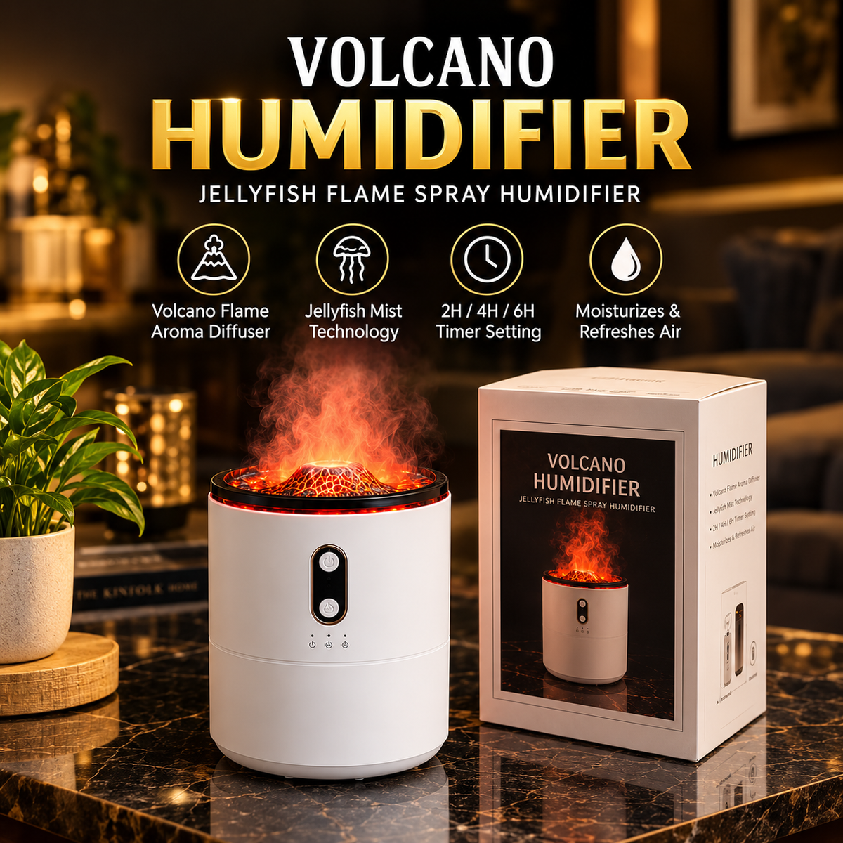 GACTRON Volcano Humidifier with LED Flame Effect | Cool Mist Aroma Diffuser for Home, Office & Bedroom | Silent Operation, Auto Shut-Off & Night Light Function